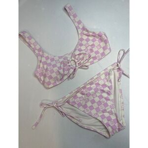 Ninety Nine Checkerboard Peace Sign Bikini Swimsuit Set Lavender White S